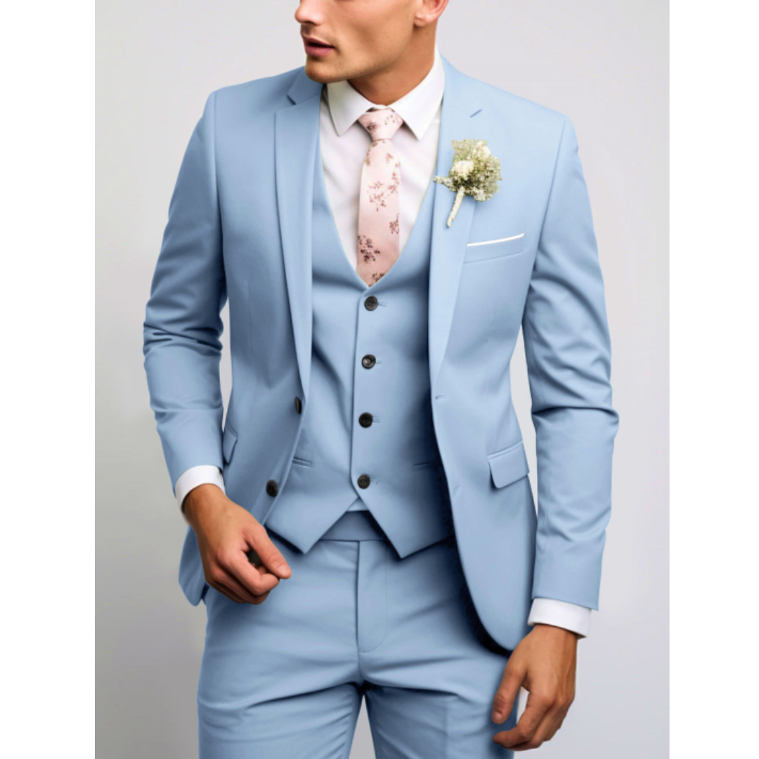 Męski trzyczęściowy garnitur ślubny slim fit z dopasowaną marynarką, prezentujący elegancki 0