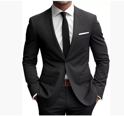 Męski garnitur slim fit na wiosnę, pokazujący elegancki krój i dopasowanie, z marynark 1