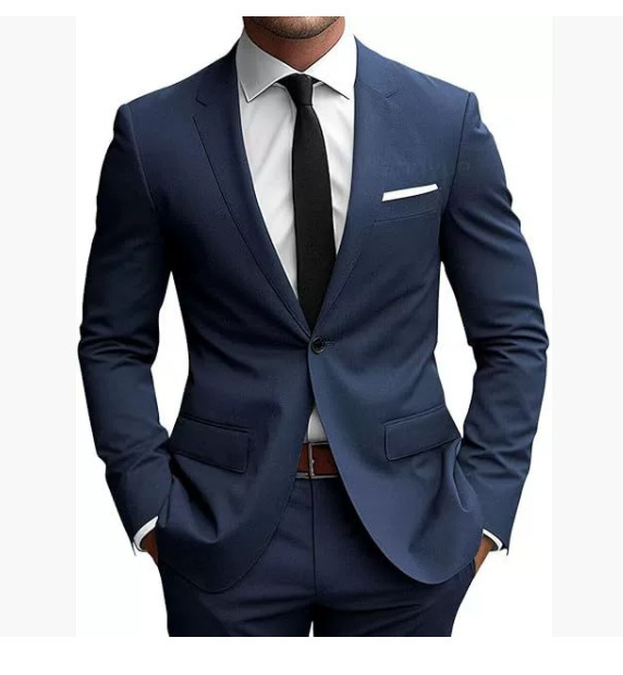 Męski garnitur slim fit na wiosnę, pokazujący elegancki krój i dopasowanie, z marynark 2