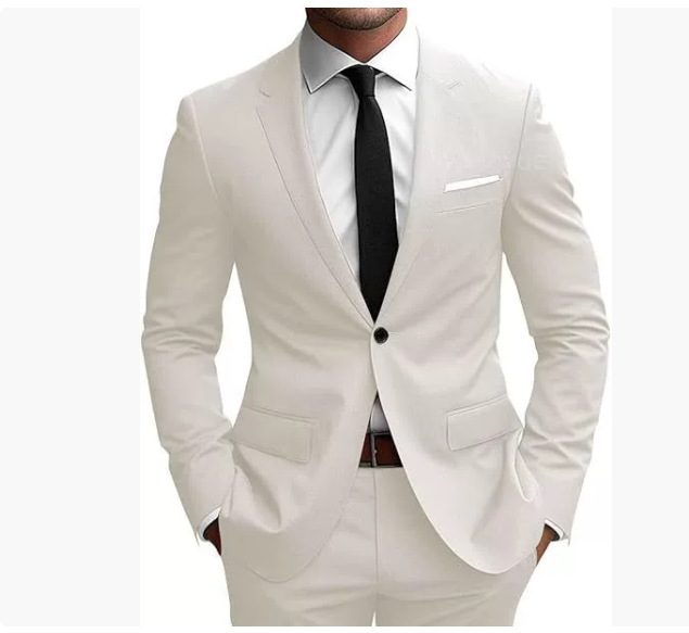 Męski garnitur slim fit na wiosnę, pokazujący elegancki krój i dopasowanie, z marynark 7