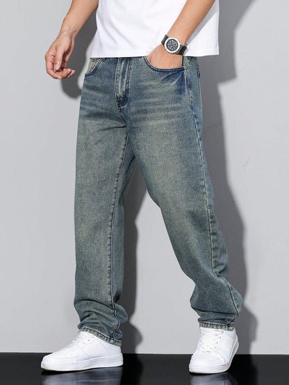 Men's loose-fitting jeans with straight legs in a solid color, displayed flat on a white background. 10
