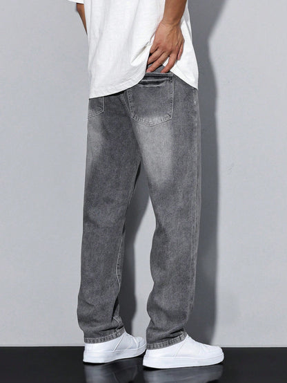 Men's loose-fitting jeans with straight legs in a solid color, displayed flat on a white background. 2