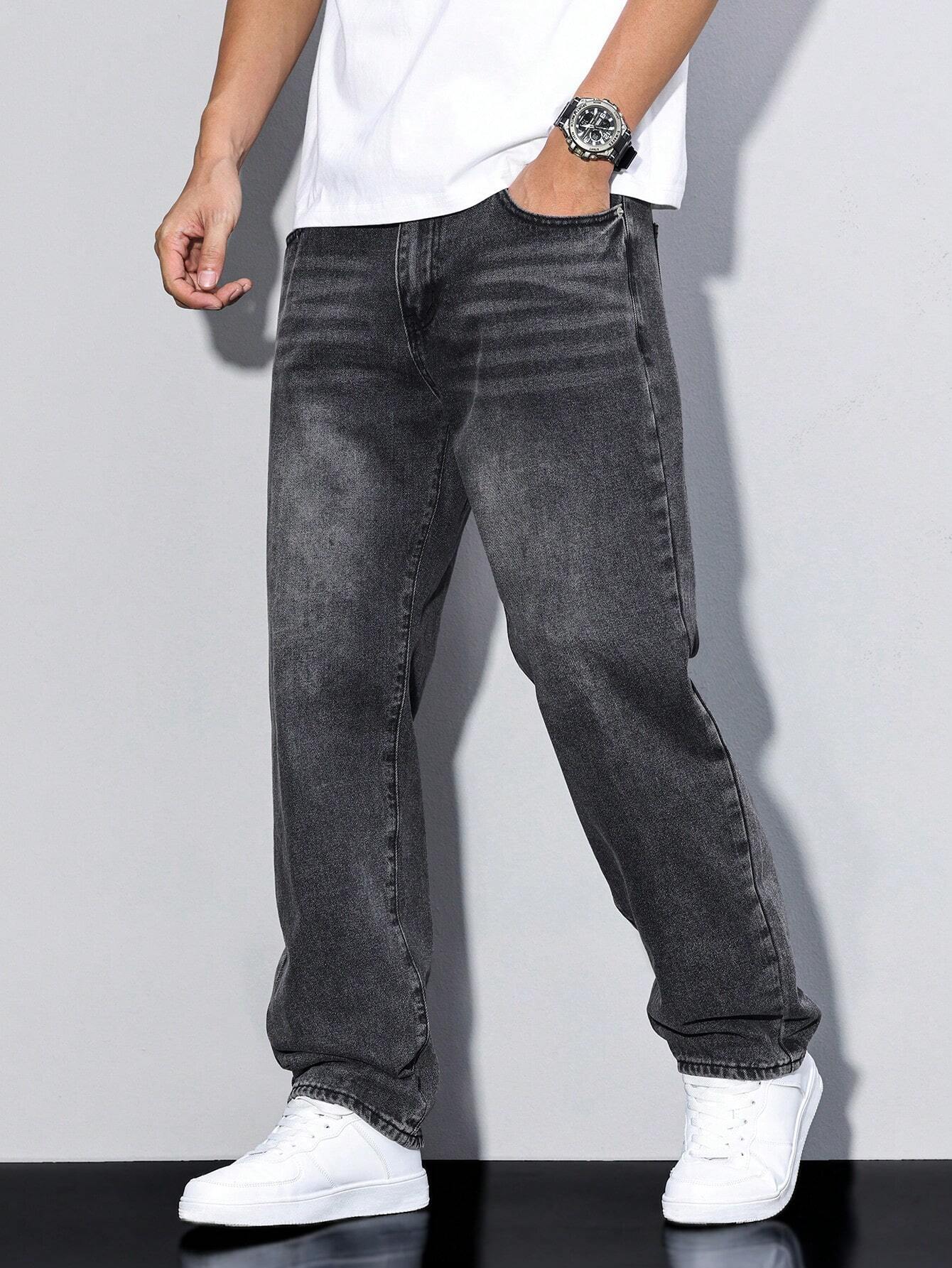 Men's loose-fitting jeans with straight legs in a solid color, displayed flat on a white background. 5