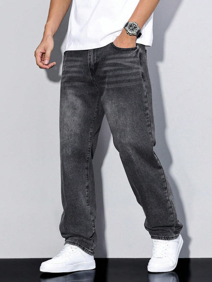 Men's loose-fitting jeans with straight legs in a solid color, displayed flat on a white background. 5