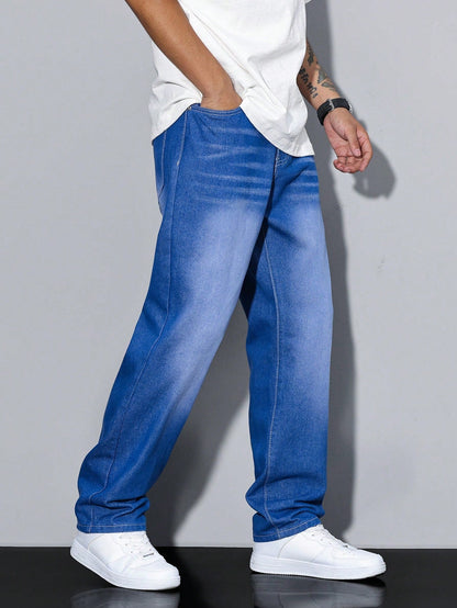Men's loose-fitting jeans with straight legs in a solid color, displayed flat on a white background. 7