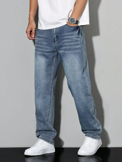 Men's loose-fitting jeans with straight legs in a solid color, displayed flat on a white background. 8