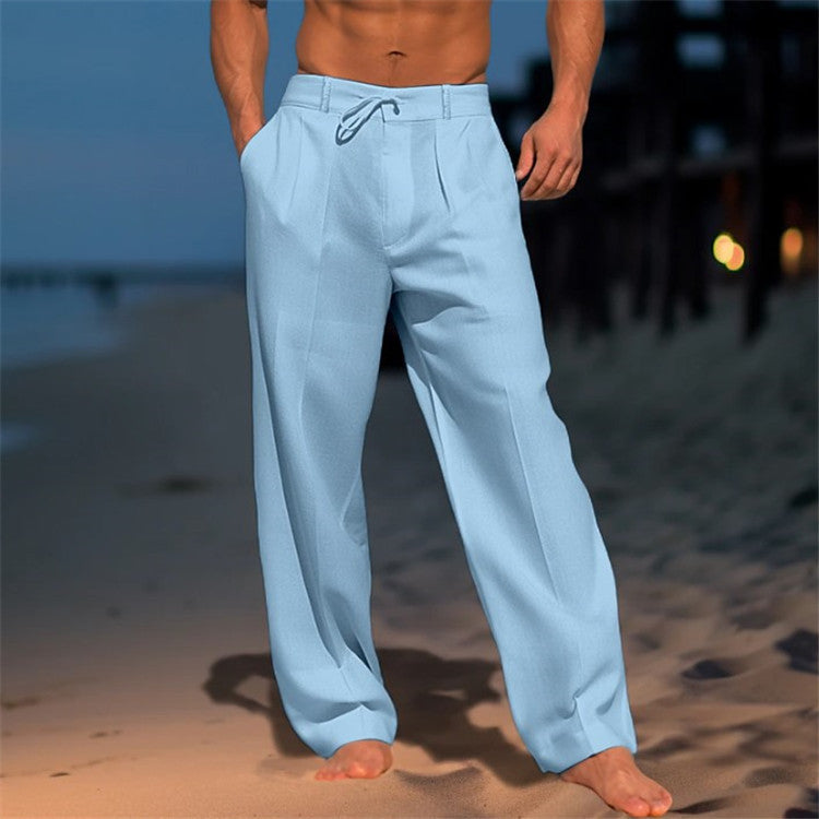 Men's loose spring trousers with an adjustable waist, displayed hanging on a wooden hanger against a neutral background. 4