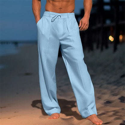 Men's loose spring trousers with an adjustable waist, displayed hanging on a wooden hanger against a neutral background. 4