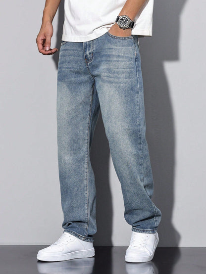 Men's casual straight-leg jeans with a distressed look. 0