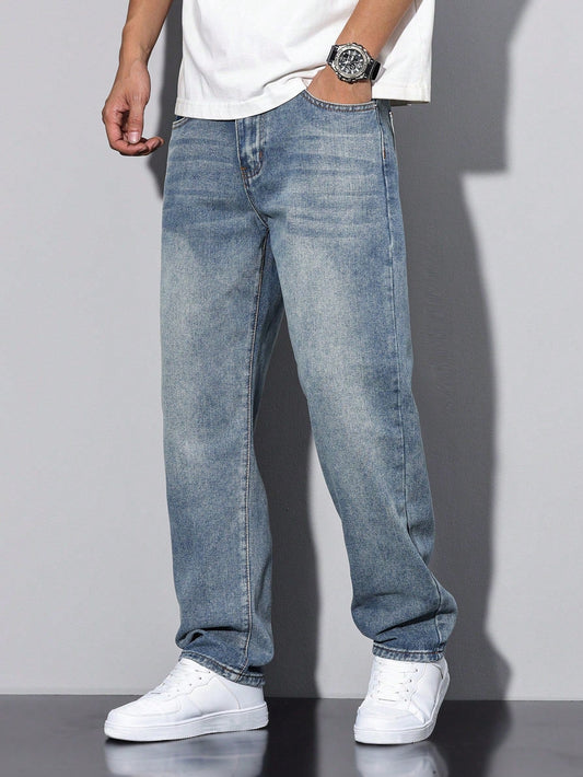Men's casual straight-leg jeans with a distressed look. 0