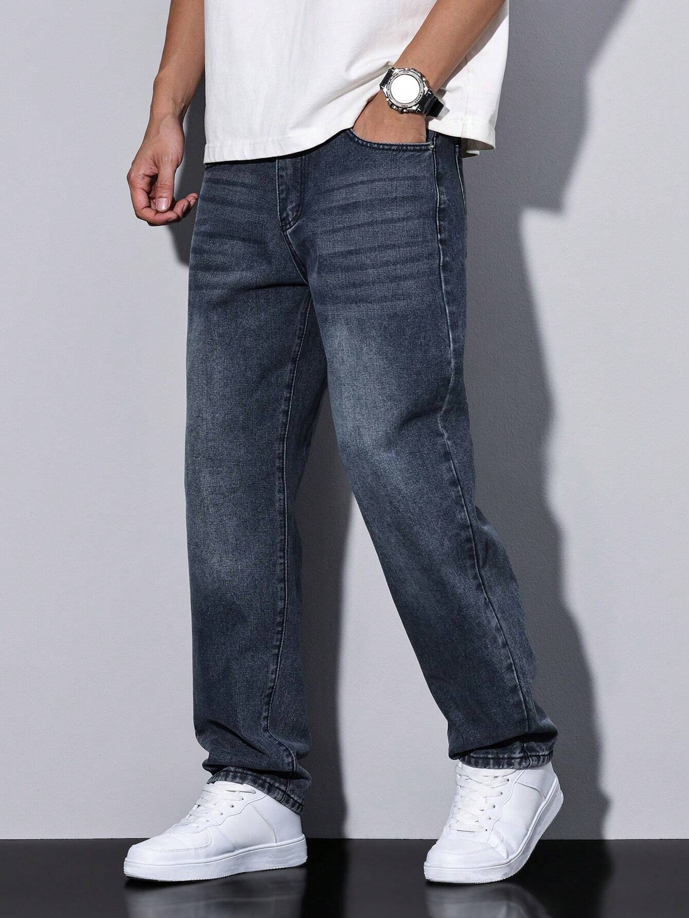 Men's casual straight-leg jeans with a distressed look. 10