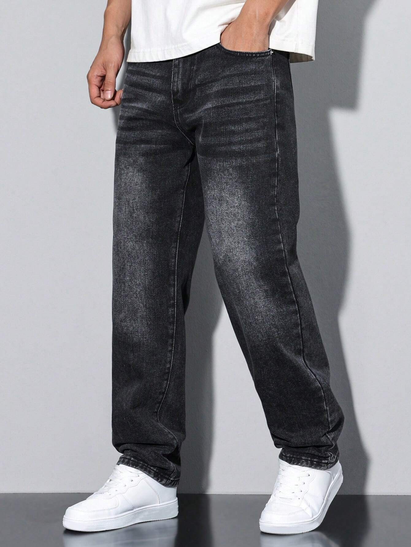 Men's casual straight-leg jeans with a distressed look. 11
