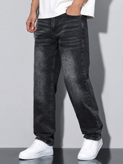 Men's casual straight-leg jeans with a distressed look. 11