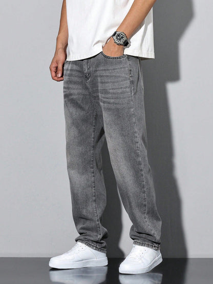 Men's casual straight-leg jeans with a distressed look. 7