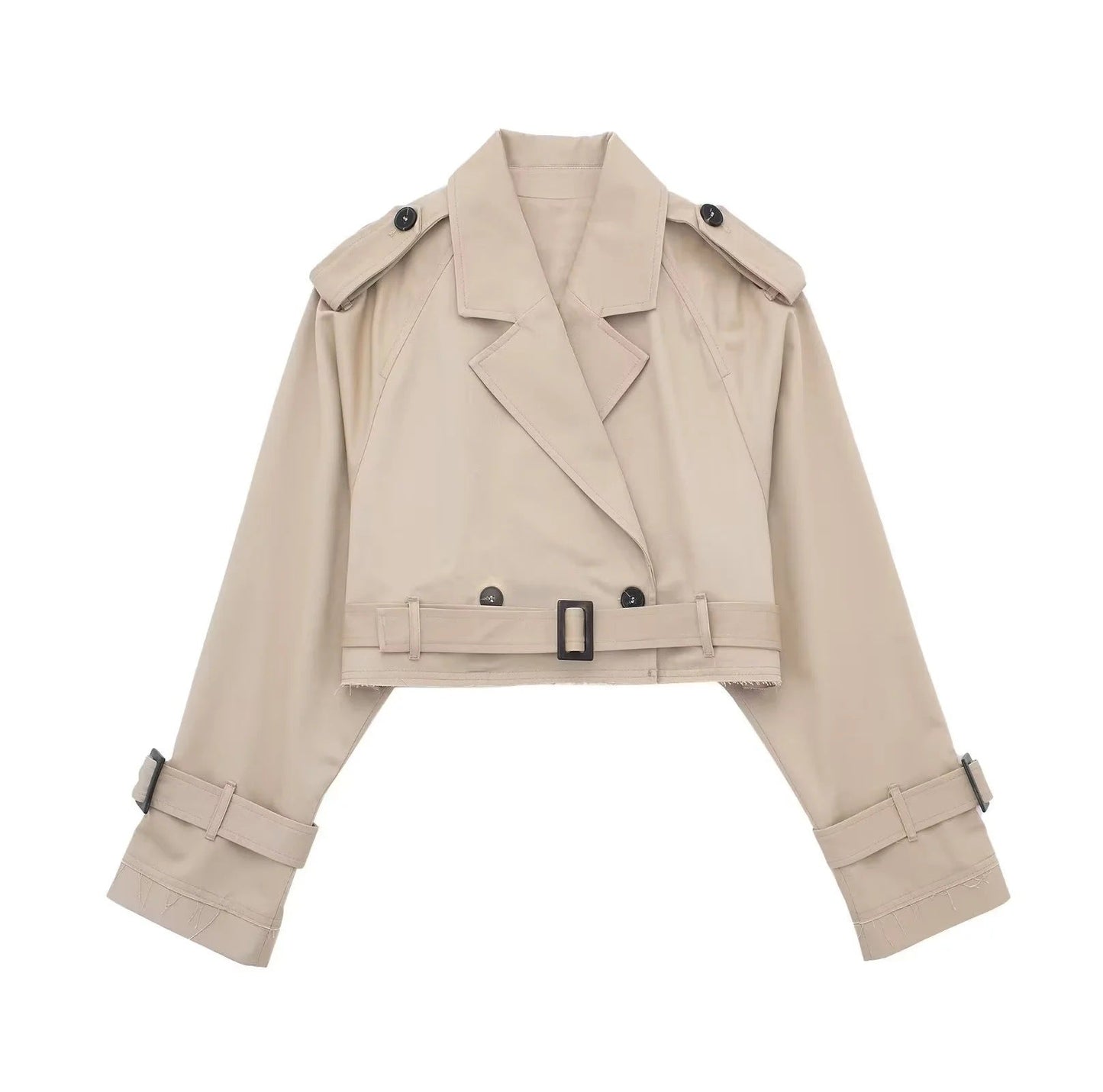 Short women's trench coat with a belt and double-breasted closure, displayed on a mannequin. 0