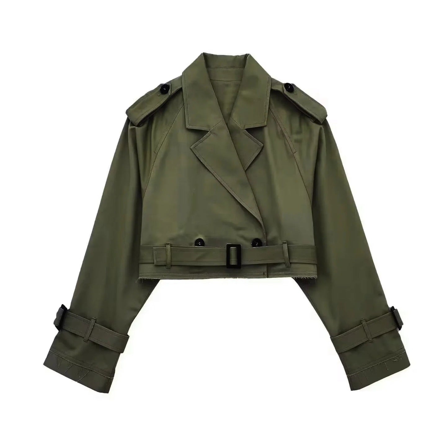 Short women's trench coat with a belt and double-breasted closure, displayed on a mannequin. 2