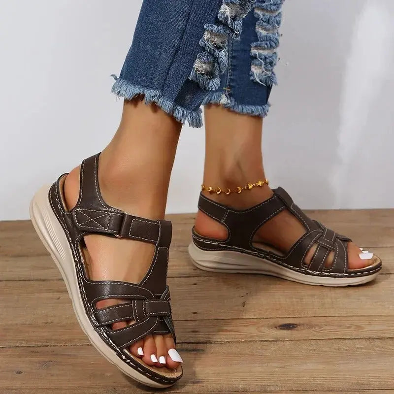 Orthopedic women's sandals with adjustable straps and supportive insoles, displayed from multiple angles. 1