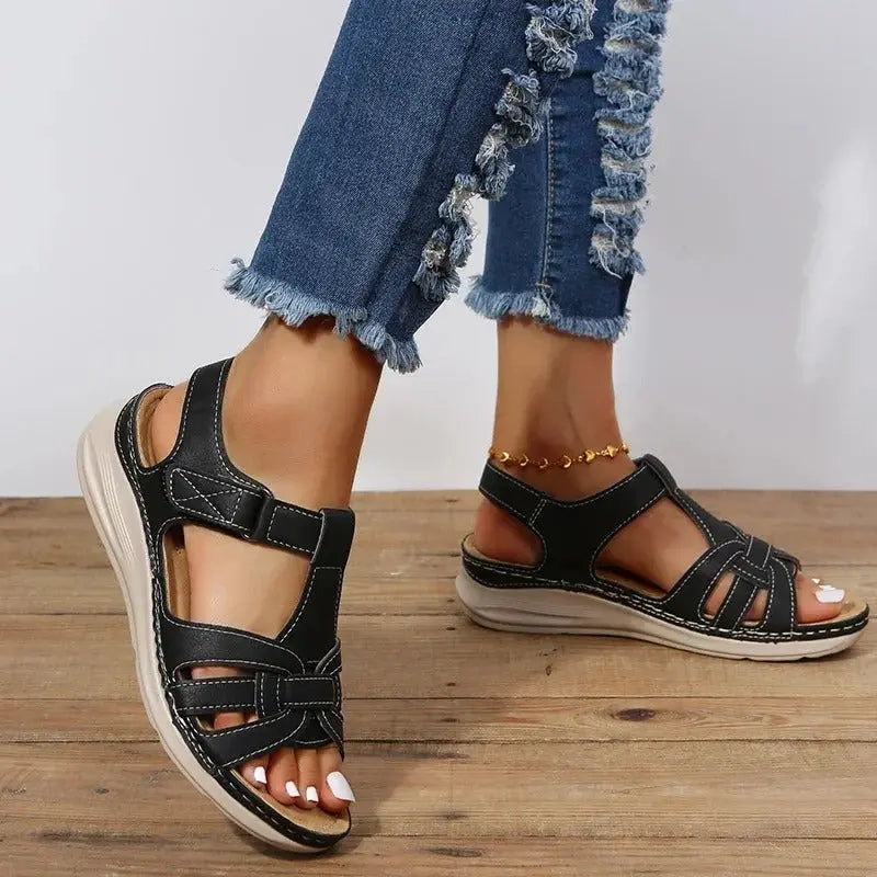 Orthopedic women's sandals with adjustable straps and supportive insoles, displayed from multiple angles. 3