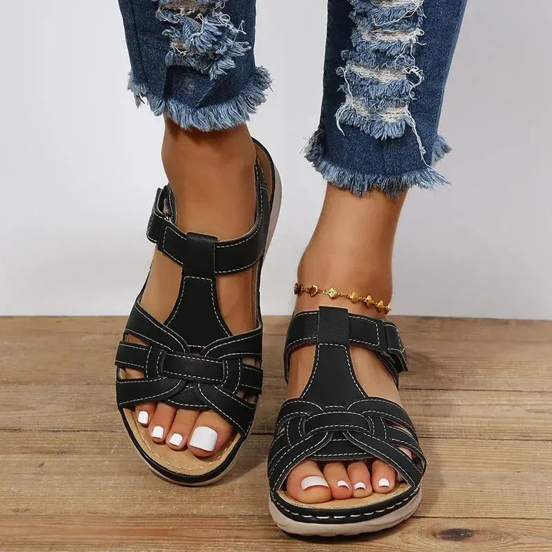 Orthopedic women's sandals with adjustable straps and supportive insoles, displayed from multiple angles. 4