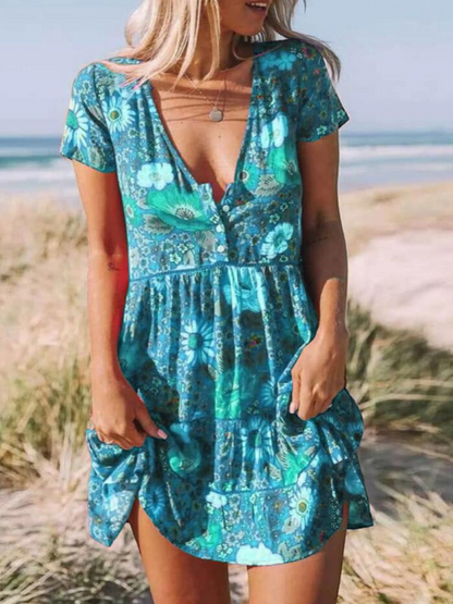 A short-sleeve mini dress with a boho design, featuring a relaxed fit and a flowing silhouette, suitable for summer wear. 6