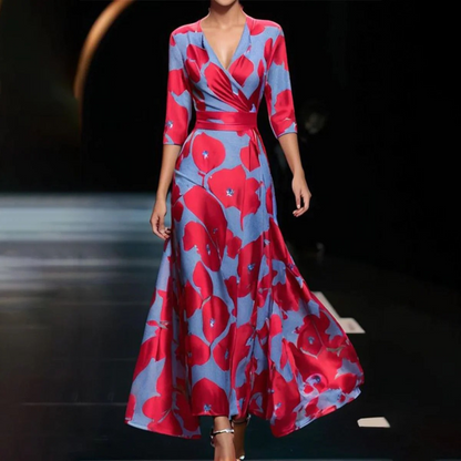 Elegant women's dress with a printed design and short sleeves, suitable for weddings. 0