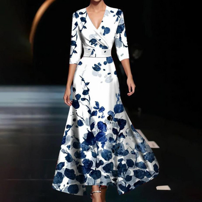 Elegant women's dress with a printed design and short sleeves, suitable for weddings. 1