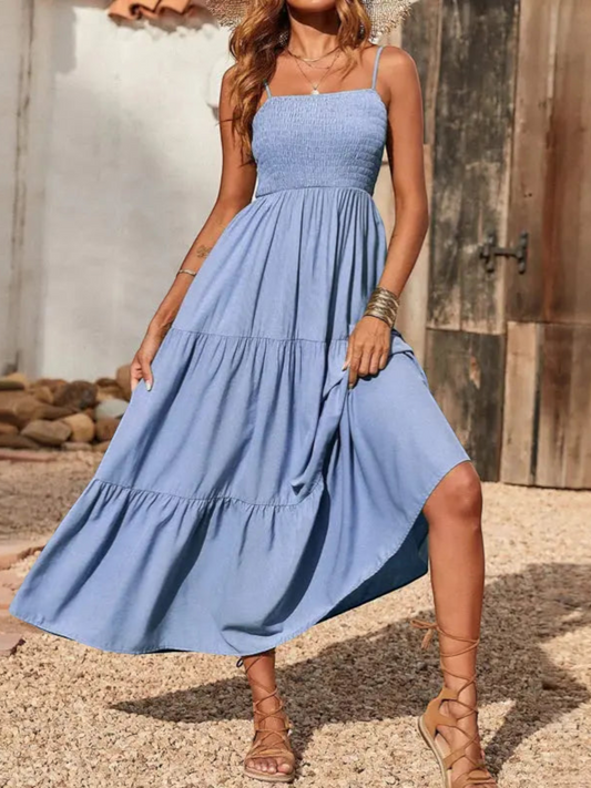 Maxi dress featuring a sleeveless design and square neckline, suitable for weddings and summer events. 0
