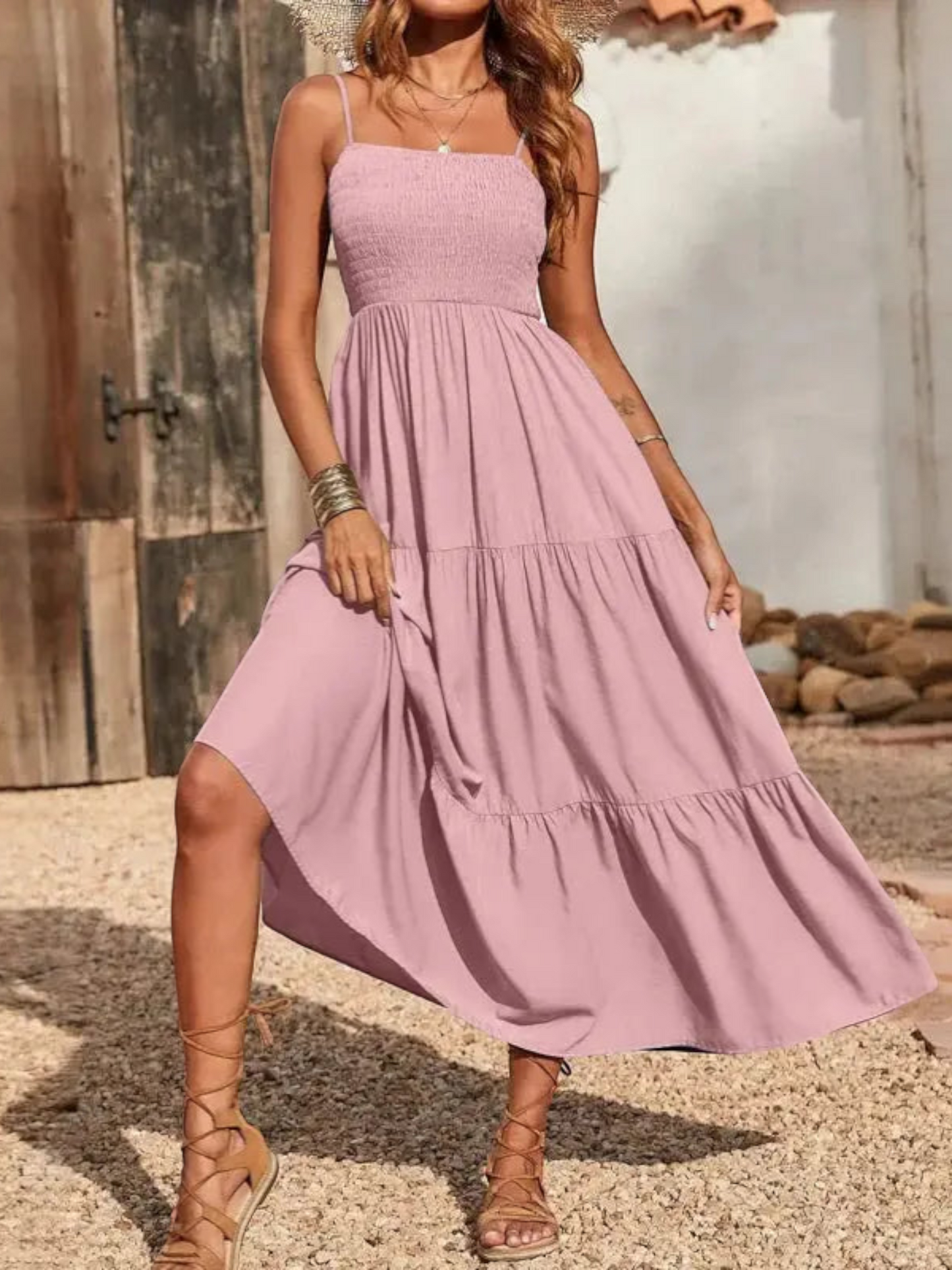 Maxi dress featuring a sleeveless design and square neckline, suitable for weddings and summer events. 1