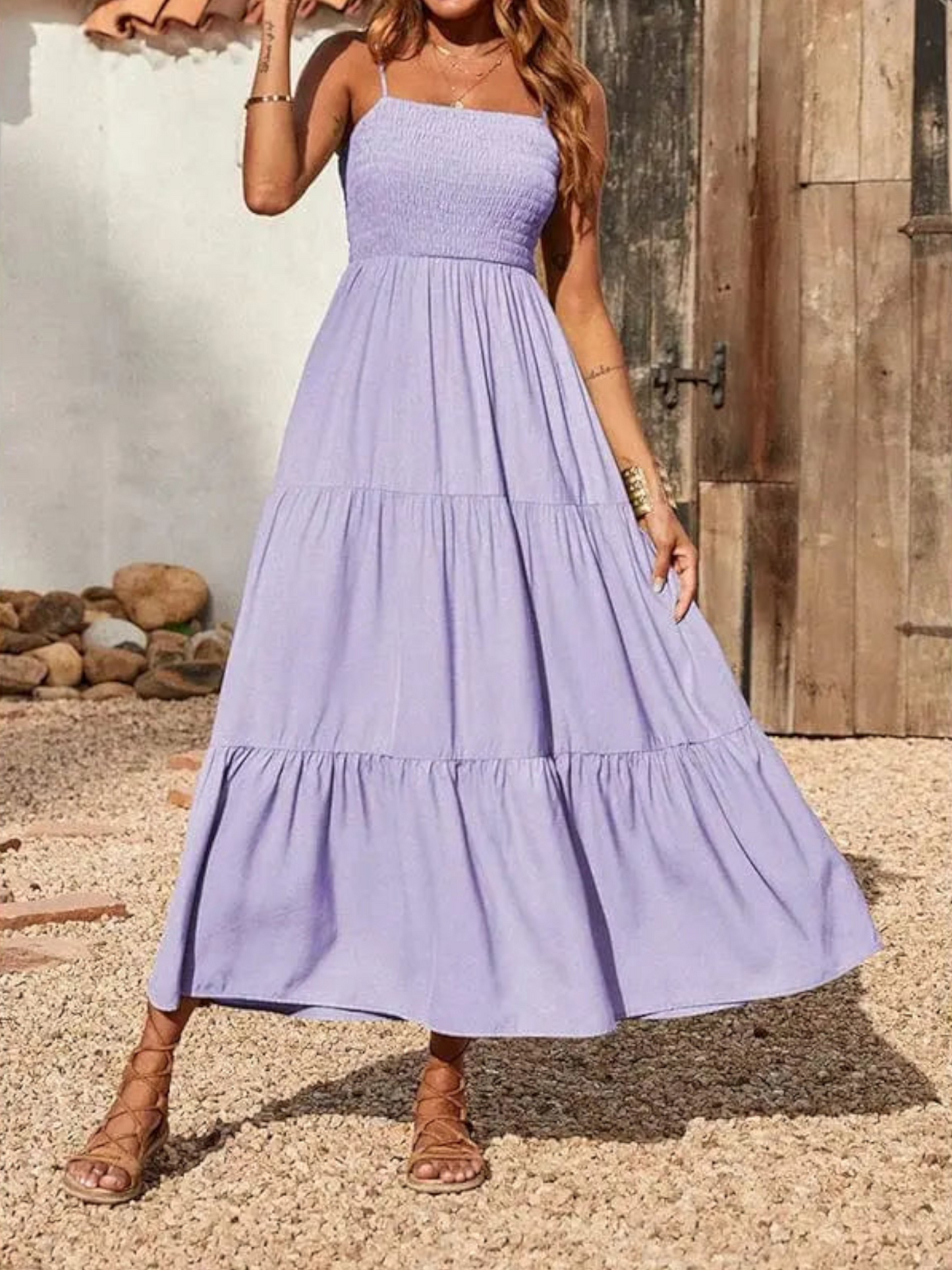 Maxi dress featuring a sleeveless design and square neckline, suitable for weddings and summer events. 2