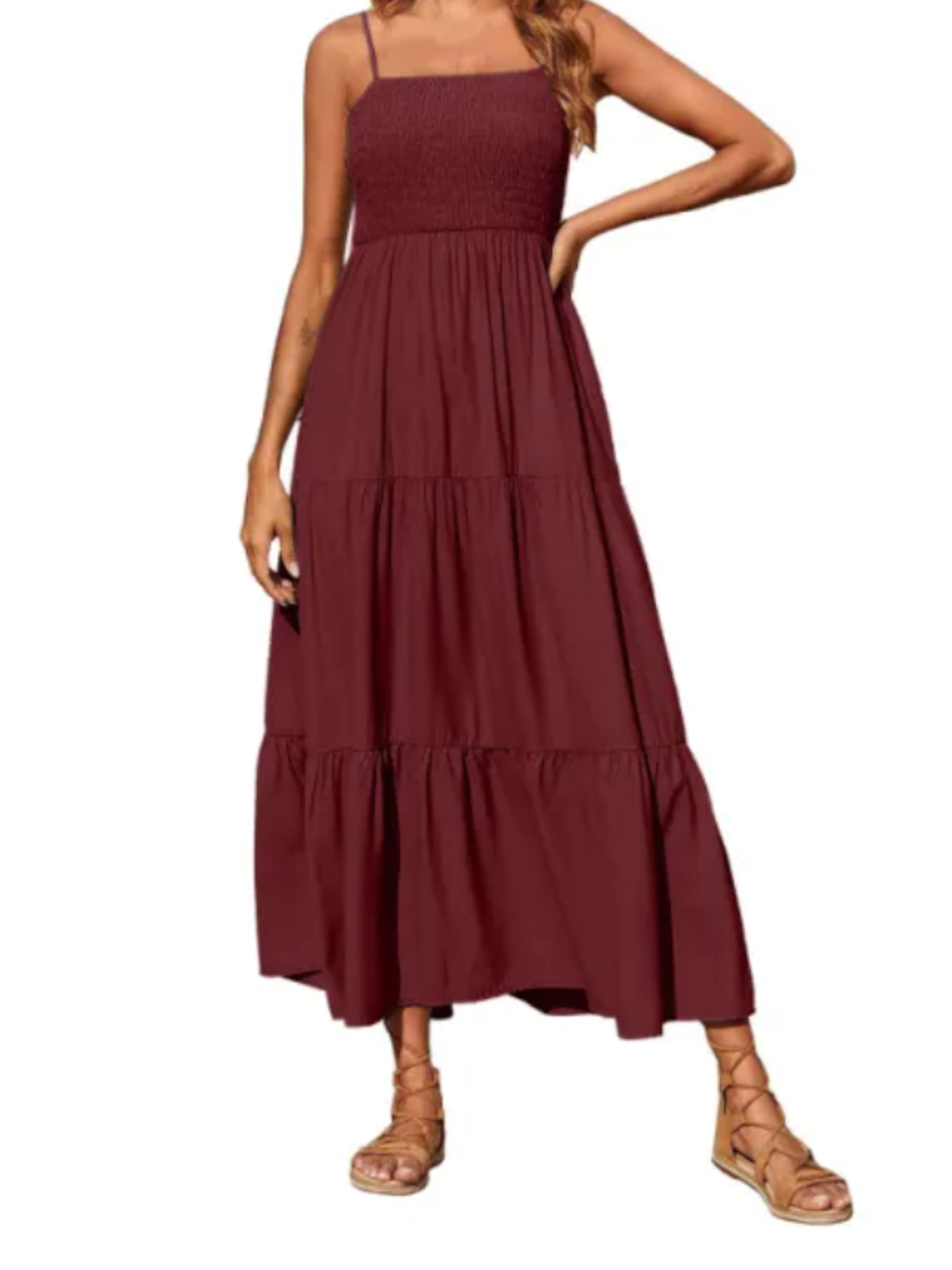 Maxi dress featuring a sleeveless design and square neckline, suitable for weddings and summer events. 4