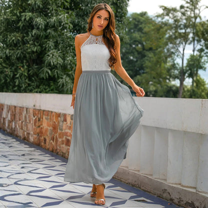 Maxi dress for women featuring a tied neck design, suitable for weddings, displayed on a mannequin against a neutral background. 0
