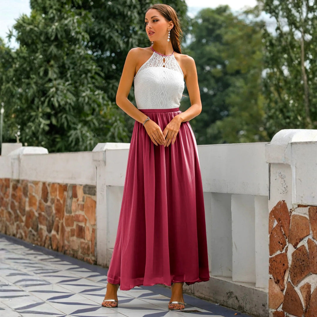 Maxi dress for women featuring a tied neck design, suitable for weddings, displayed on a mannequin against a neutral background. 1
