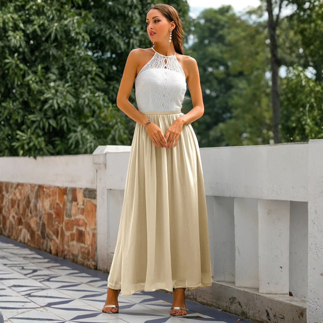 Maxi dress for women featuring a tied neck design, suitable for weddings, displayed on a mannequin against a neutral background. 2