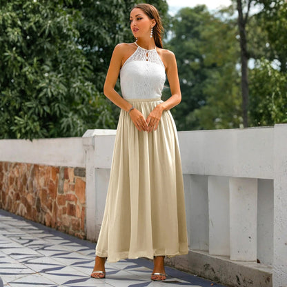 Maxi dress for women featuring a tied neck design, suitable for weddings, displayed on a mannequin against a neutral background. 2