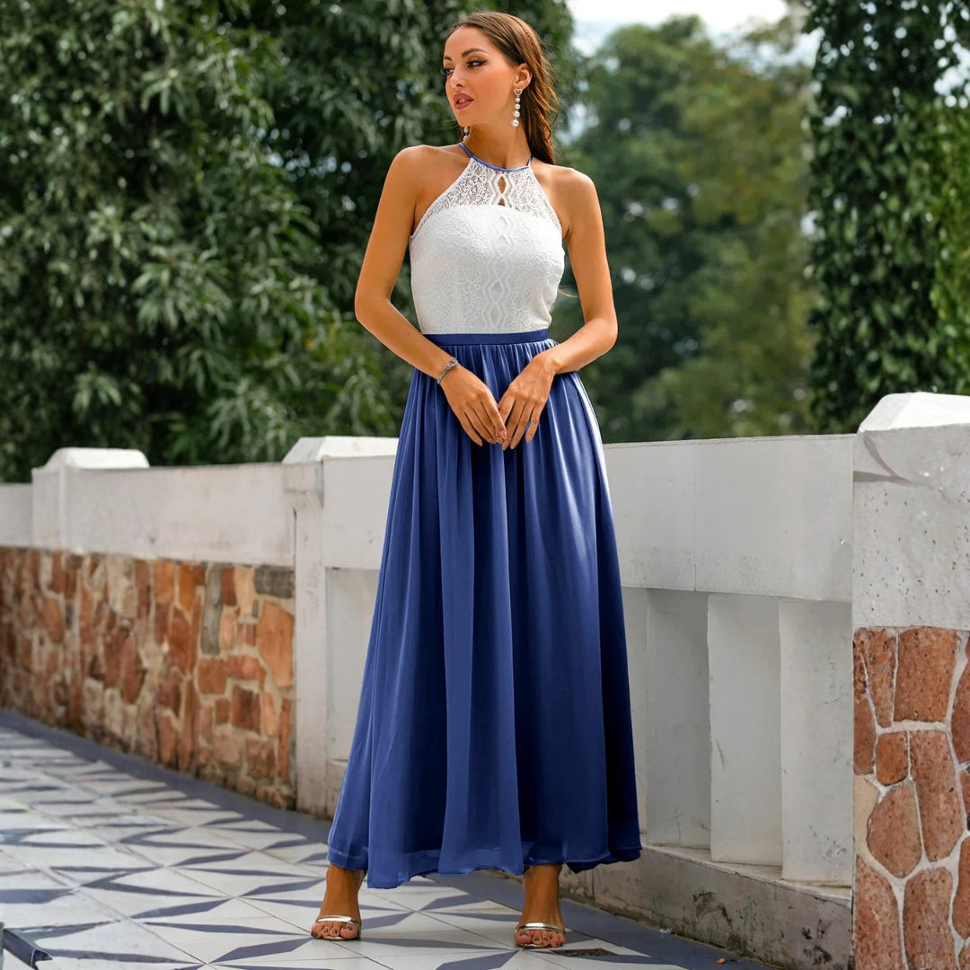 Maxi dress for women featuring a tied neck design, suitable for weddings, displayed on a mannequin against a neutral background. 3