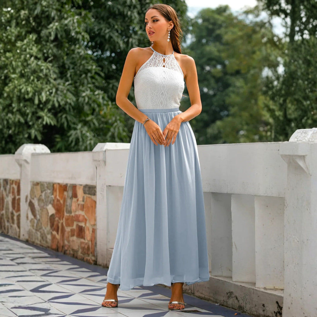 Maxi dress for women featuring a tied neck design, suitable for weddings, displayed on a mannequin against a neutral background. 4
