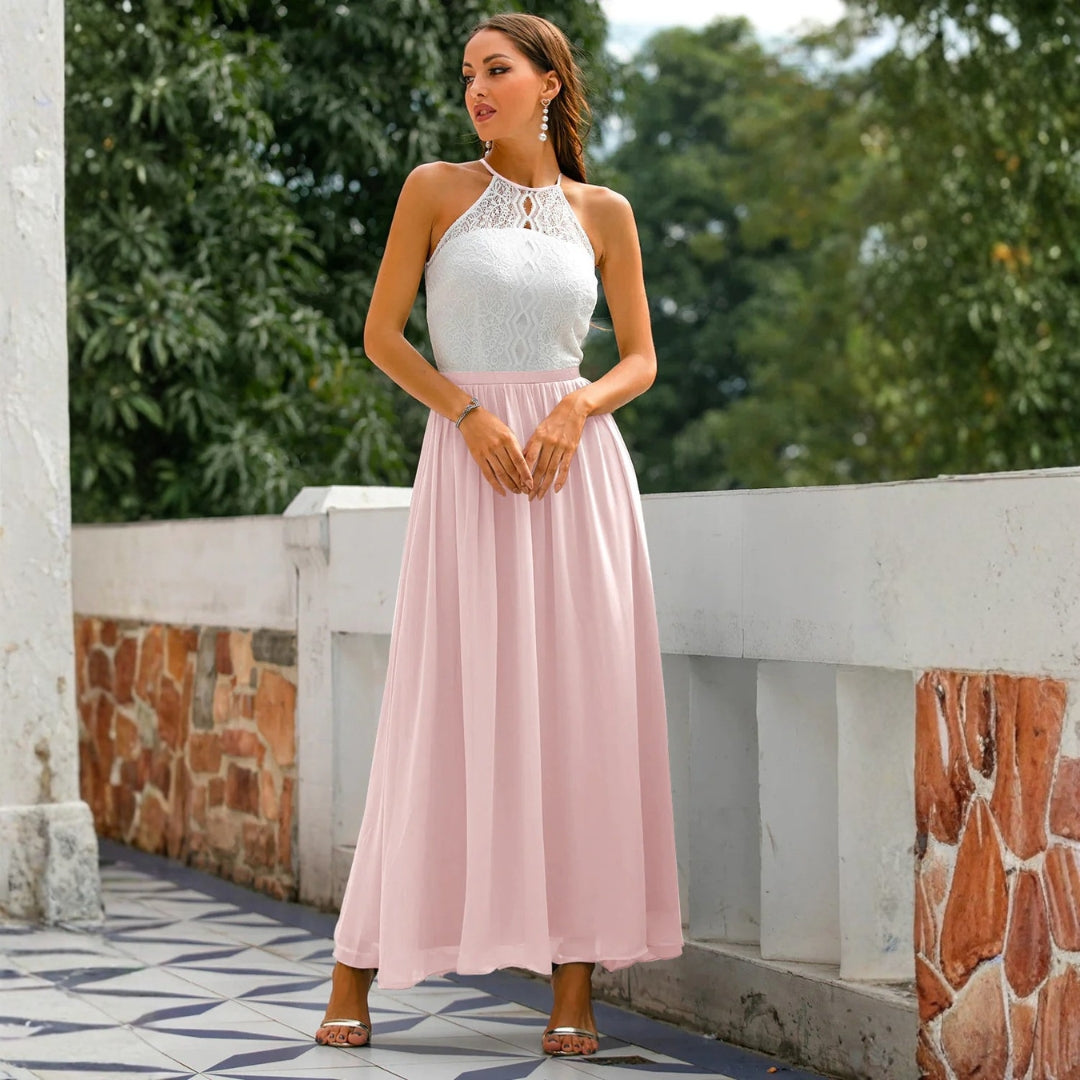 Maxi dress for women featuring a tied neck design, suitable for weddings, displayed on a mannequin against a neutral background. 5