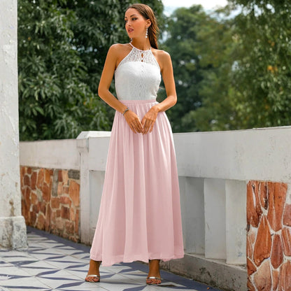 Maxi dress for women featuring a tied neck design, suitable for weddings, displayed on a mannequin against a neutral background. 5