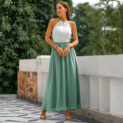Maxi dress for women featuring a tied neck design, suitable for weddings, displayed on a mannequin against a neutral background. 6