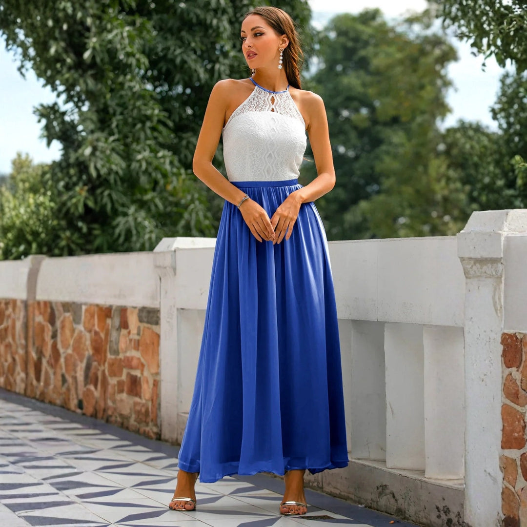 Maxi dress for women featuring a tied neck design, suitable for weddings, displayed on a mannequin against a neutral background. 7