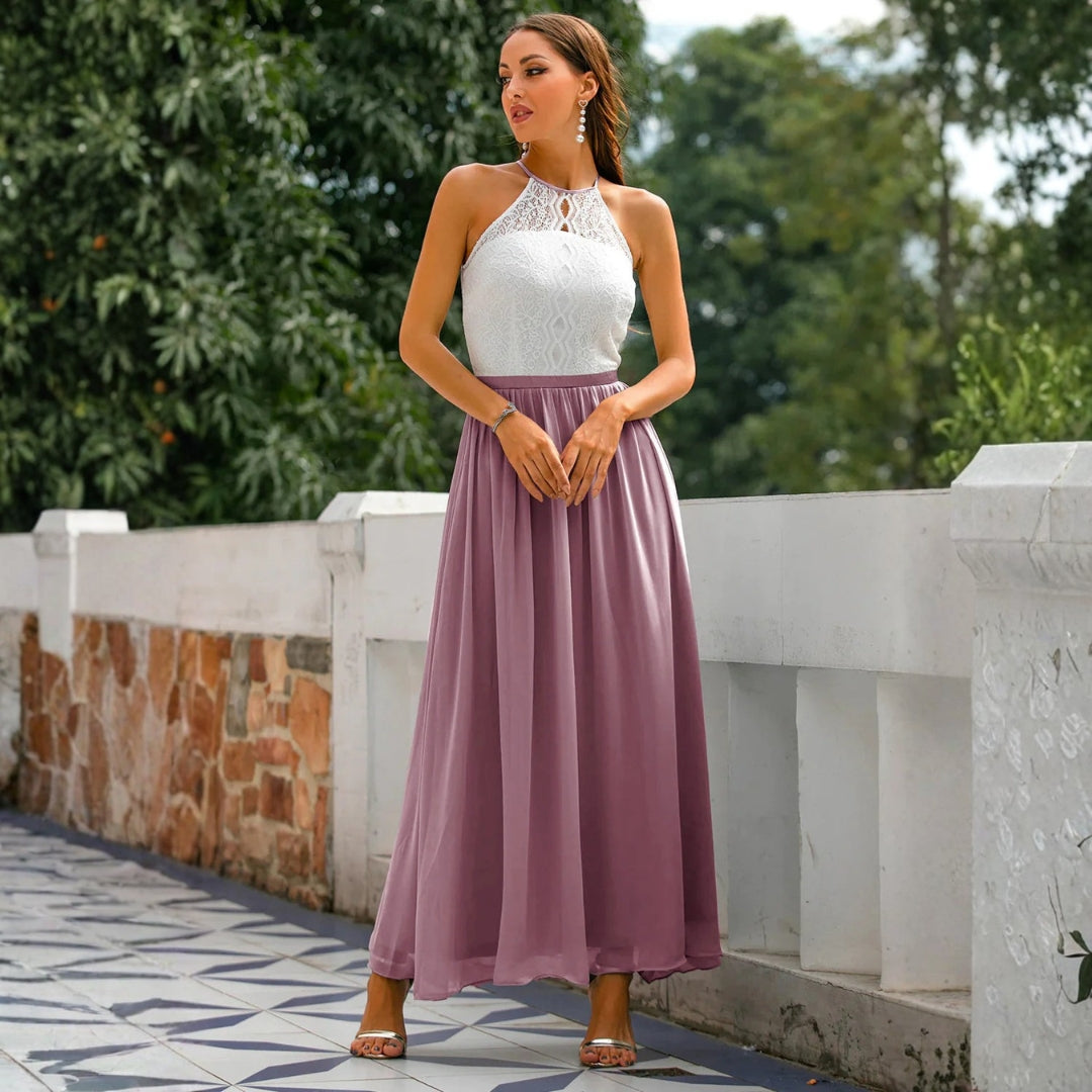 Maxi dress for women featuring a tied neck design, suitable for weddings, displayed on a mannequin against a neutral background. 8