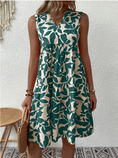 A women's dress featuring a V-neck design with a fashionable print, suitable for weddings and summer events. 3