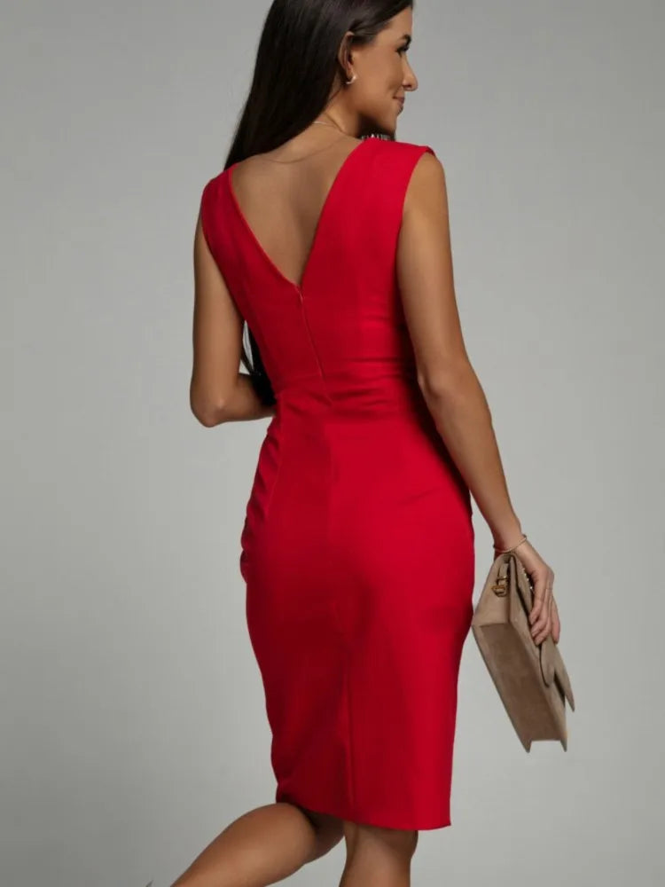 Midi cocktail dress with gathers and a slit, featuring a fitted silhouette and elegant design suitable for wedding events. 2