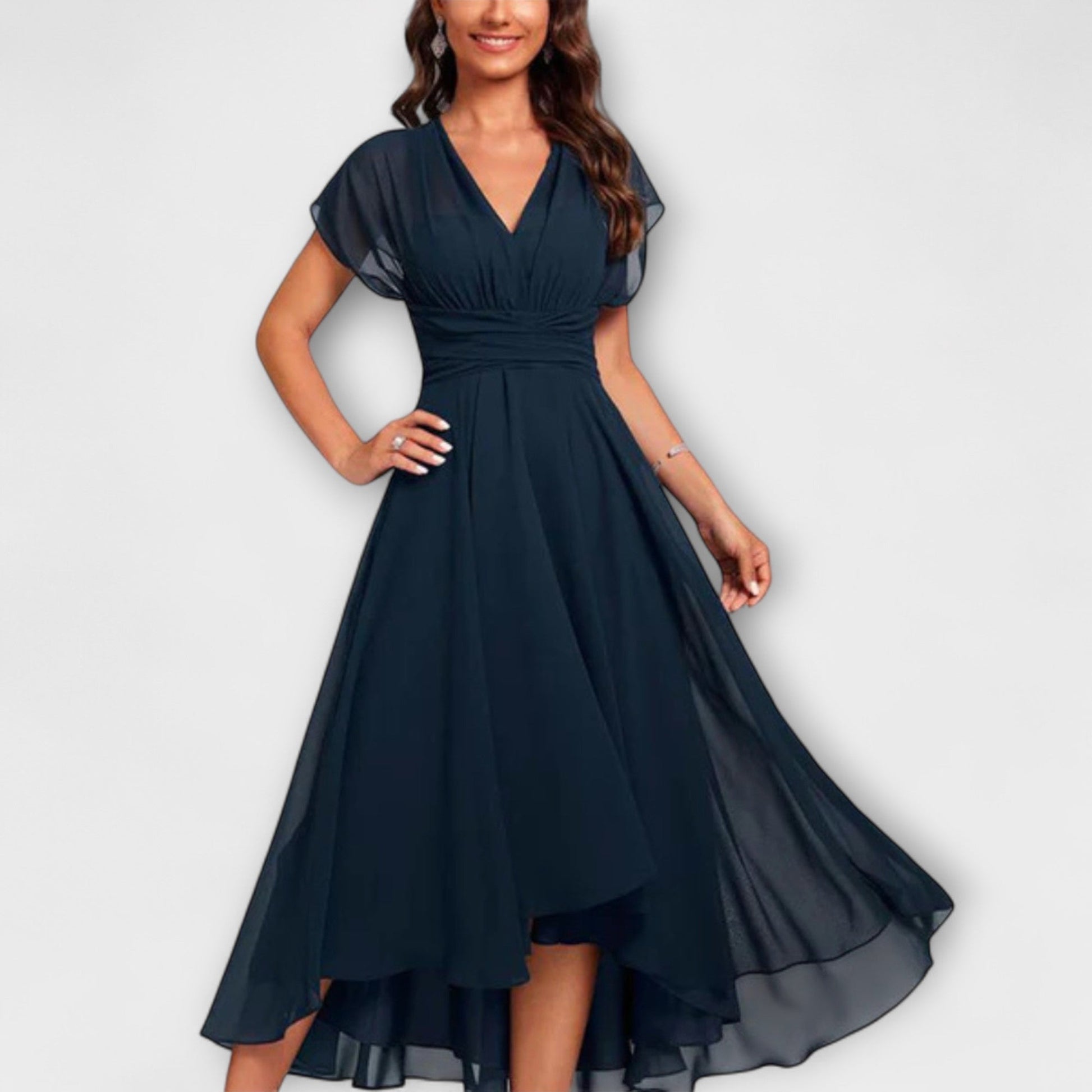 Mini cocktail dress featuring a V-shaped neckline for women. 0