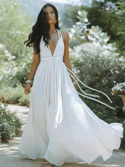 Maxi dress with a backless design and neck tie, suitable for weddings. 0