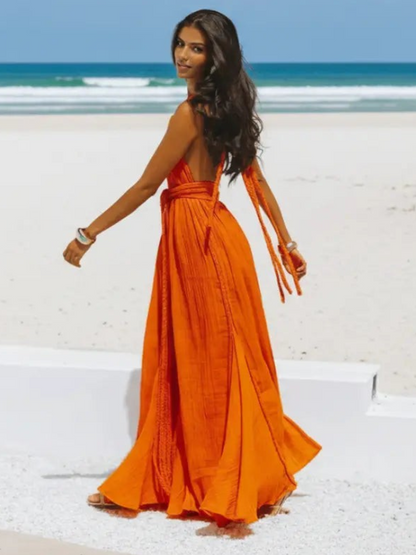 Maxi dress with a backless design and neck tie, suitable for weddings. 2