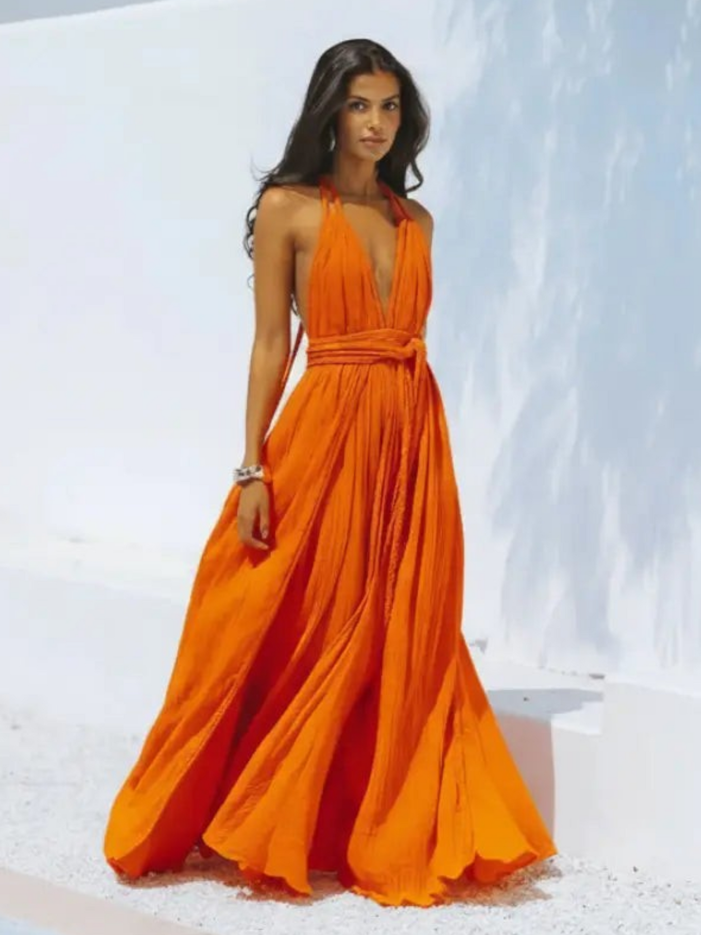Maxi dress with a backless design and neck tie, suitable for weddings. 3