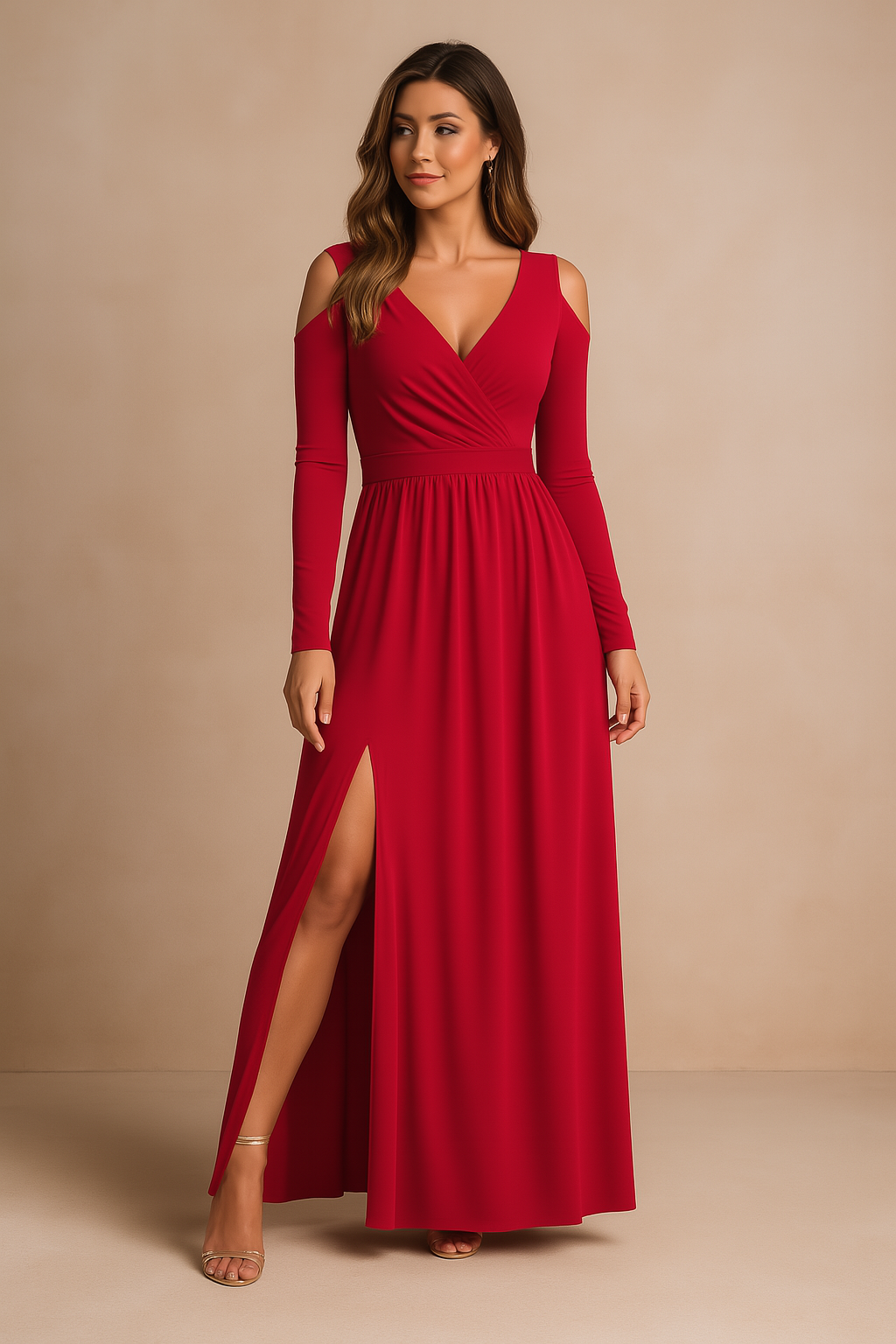 Maxi dress for a wedding featuring a sensual cut and delicate straps, displayed on a mannequin in an elegant setting. 2