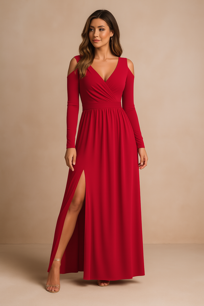 Maxi dress for a wedding featuring a sensual cut and delicate straps, displayed on a mannequin in an elegant setting. 2