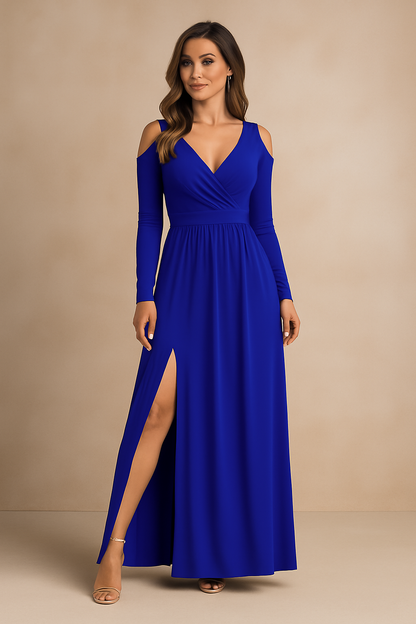 Maxi dress for a wedding featuring a sensual cut and delicate straps, displayed on a mannequin in an elegant setting. 3
